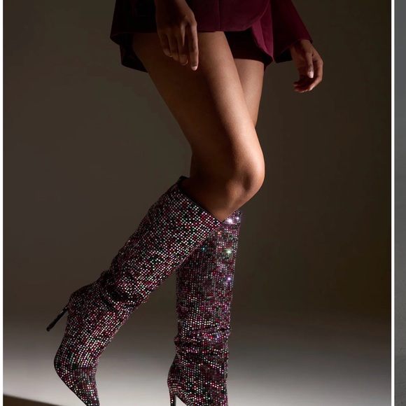 Azalea Wang Shoes - Embellished Wine Knee-High Stiletto Boots
